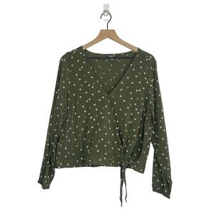 Eddie Bauer Faux Wrap Top Women's Size Large Green Stars Print Long Sleeve